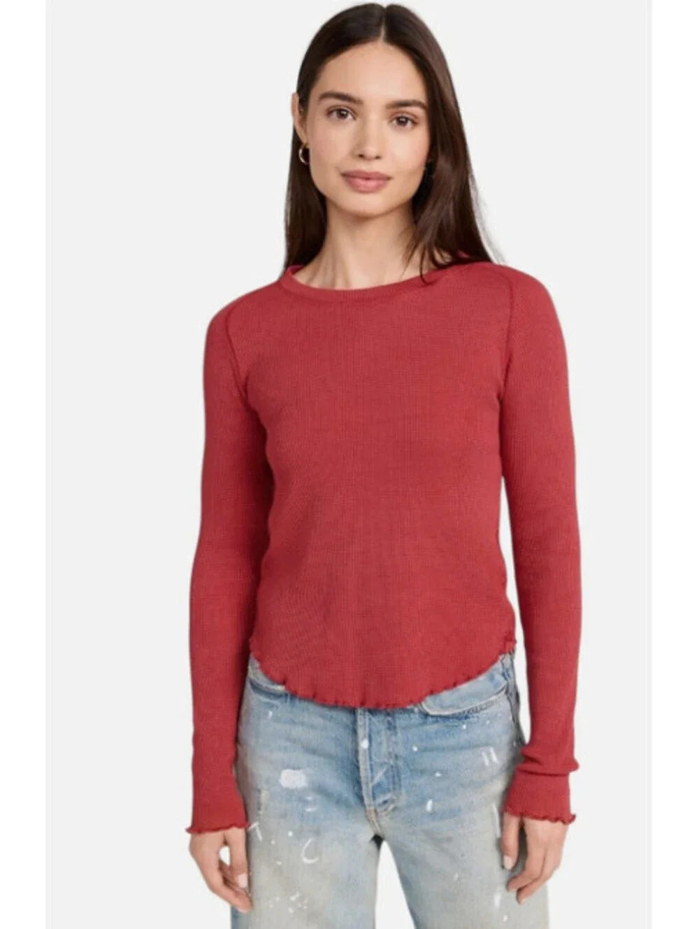We The Free People Thermal Waffle Knit Top Red Lettuce Edge Size XS NWT